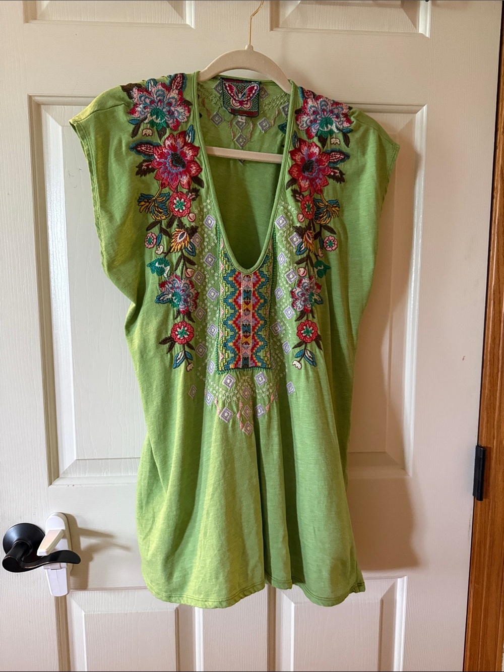 Johnny Was Bright Lime Green Embroidered V-Neck Tunic